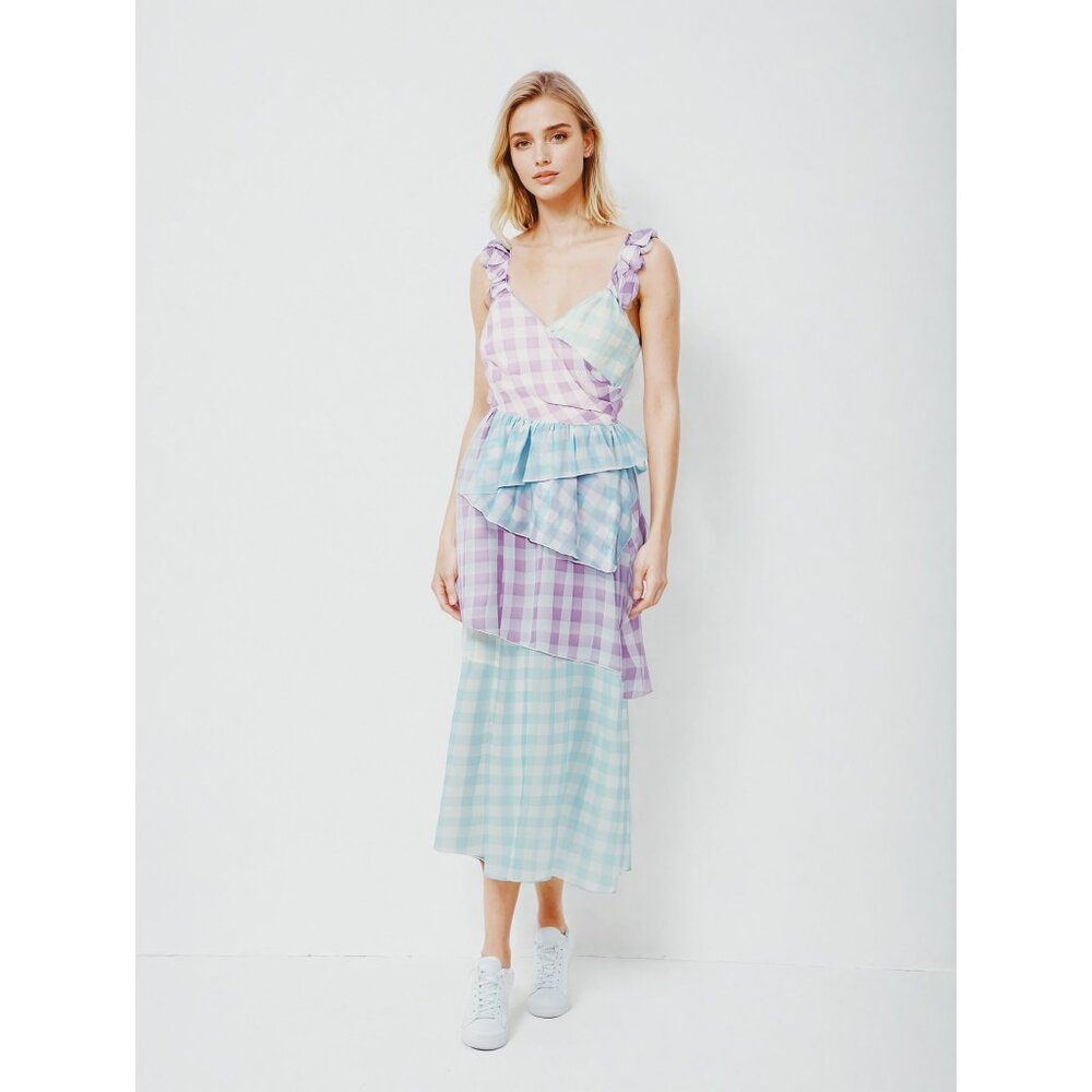 Bellevue The Label  Gingham Chiffon Midi Wrap Dress Lavender/Mint/White